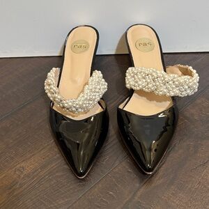 RAS Black Patent Leather Mules with Pearl Embellishment
